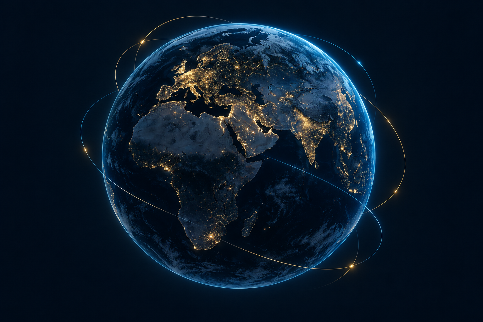 A blue globe with golden connections to social media platforms